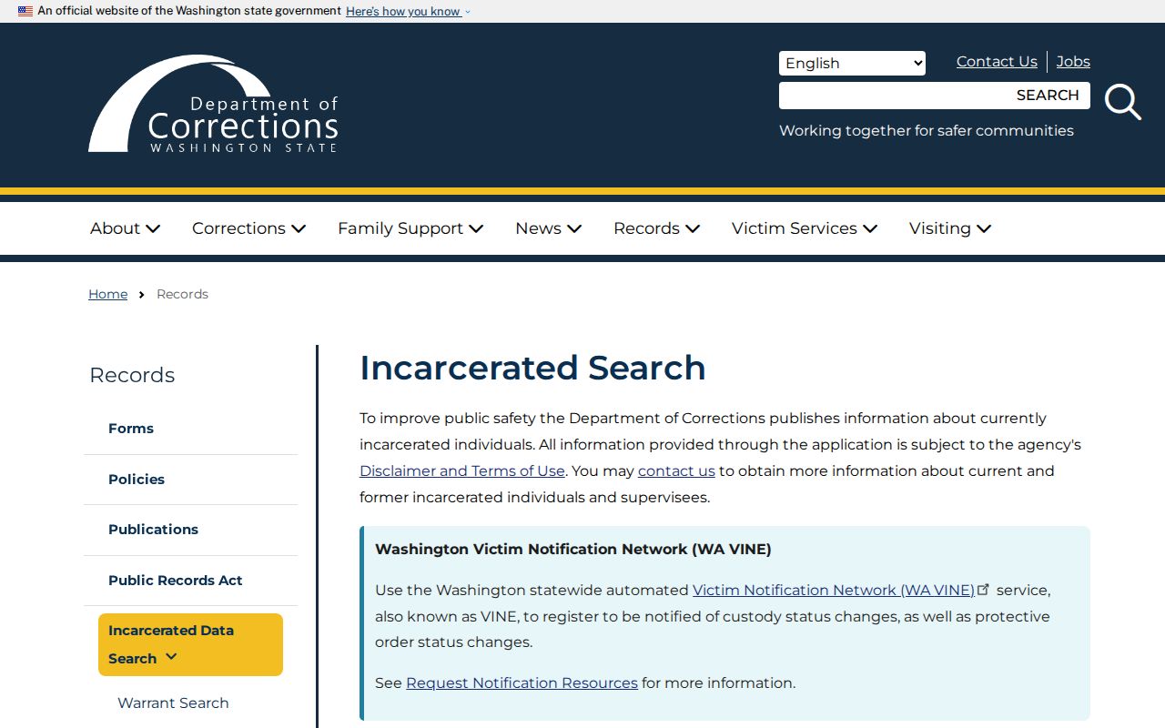 Washington DOC current incarcerated search page and its stated search scope