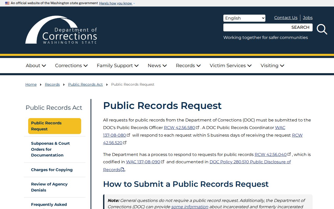 Washington DOC public records request instructions for identifying a record