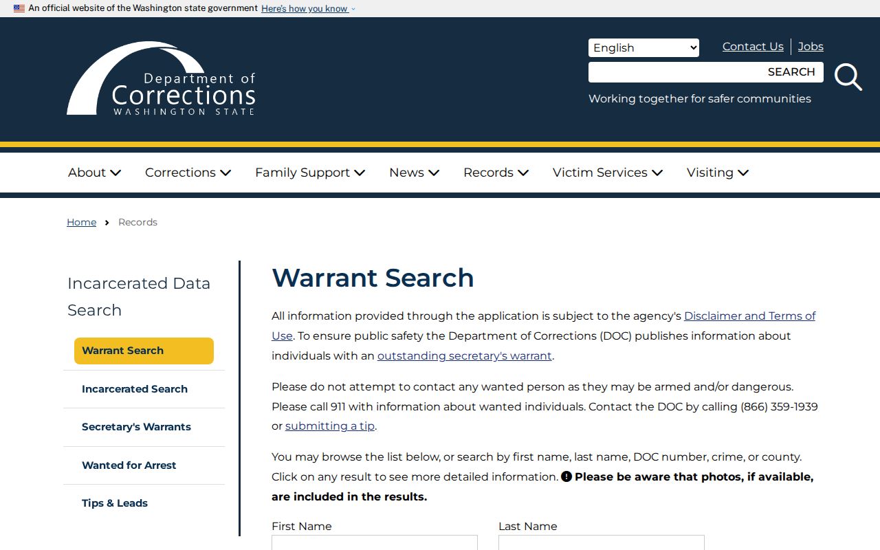 Washington DOC Secretary's Warrant Search with a photos-if-available notice