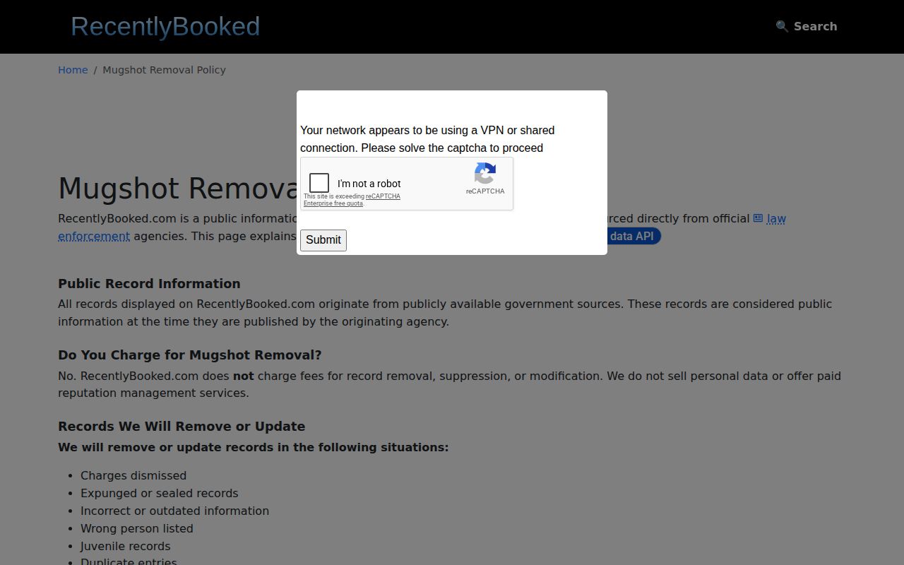 Washington arrest listing publisher's free qualifying removal policy and documentation terms