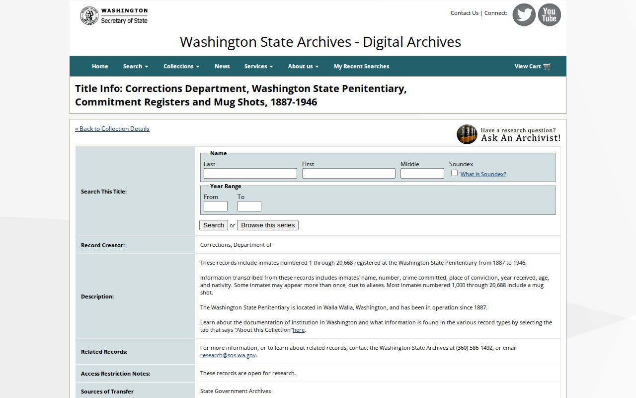 Washington State Archives description of the penitentiary commitment-register and mugshot collection