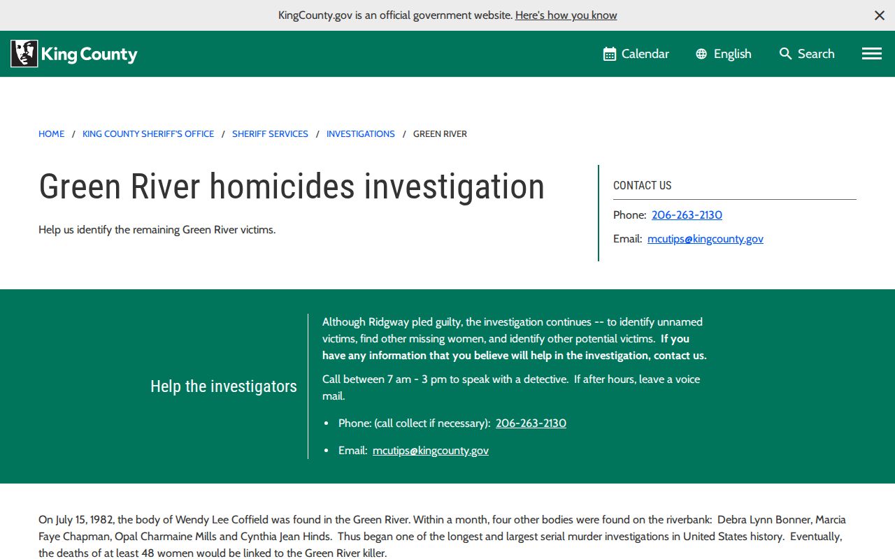 King County Sheriff Green River investigation chronology and plea record