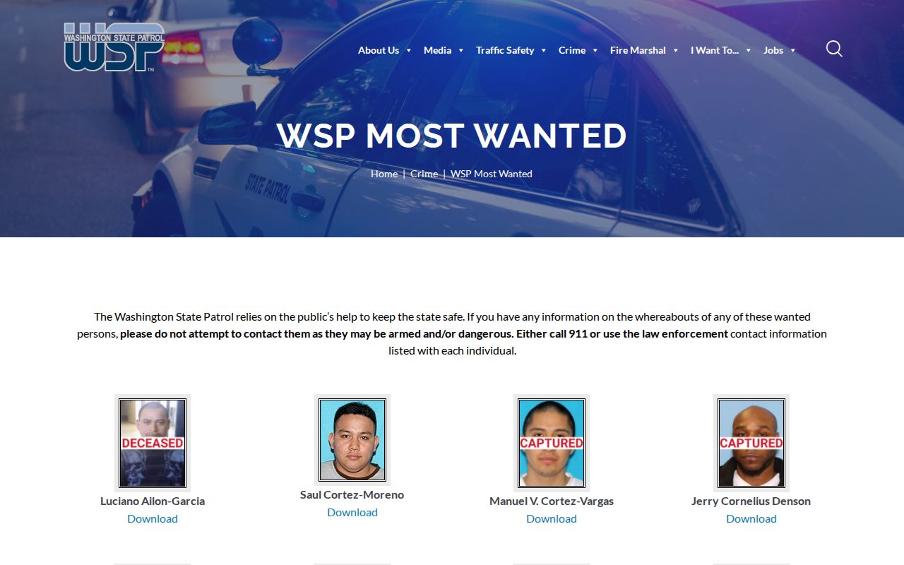 Washington State Patrol Most Wanted page with a no-contact safety warning