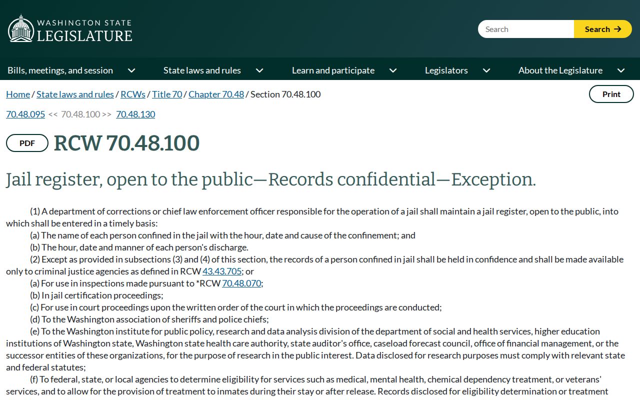 Washington jail register statute page describing public confinement and discharge fields