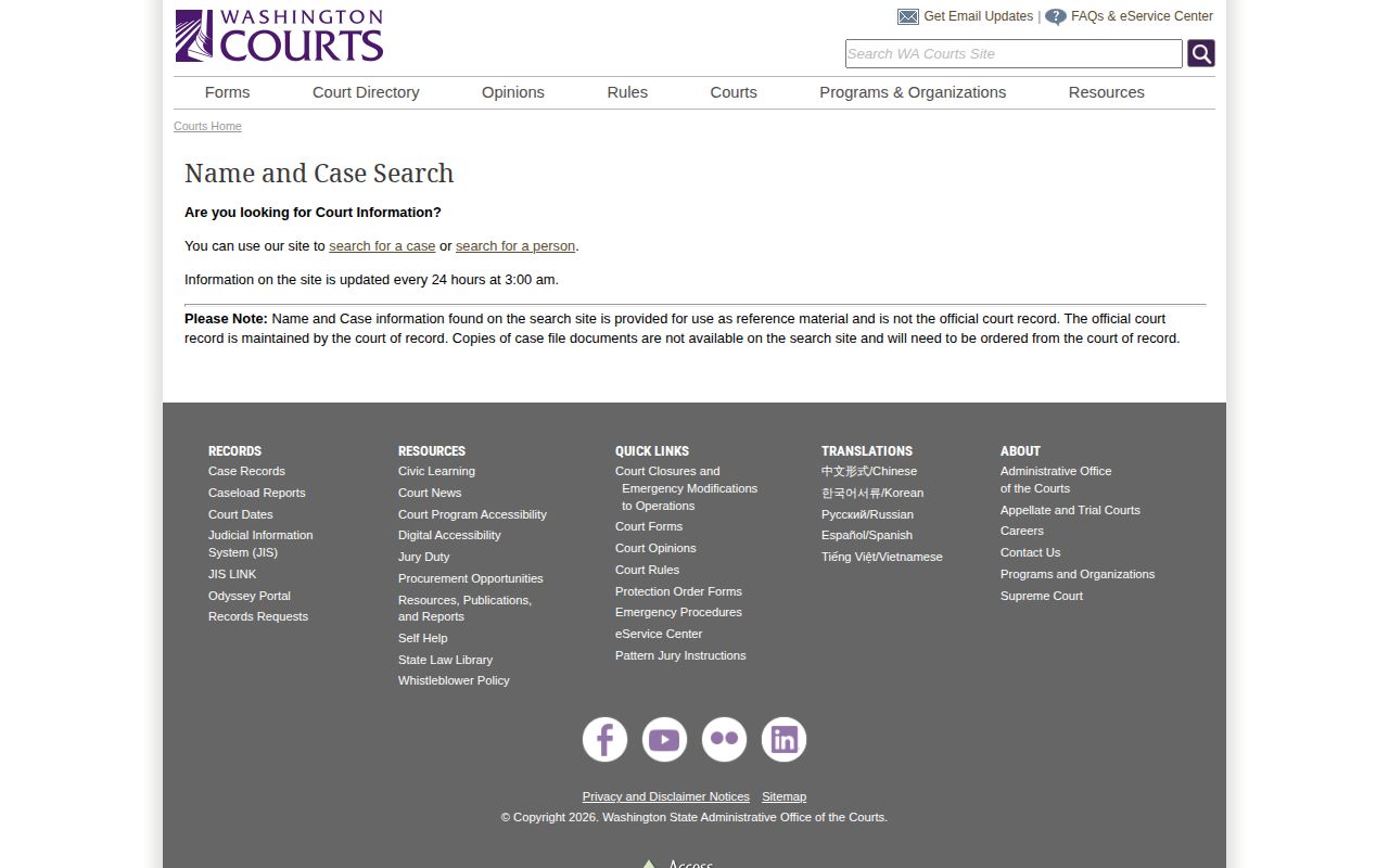 Washington Courts name and case search reference-only notice