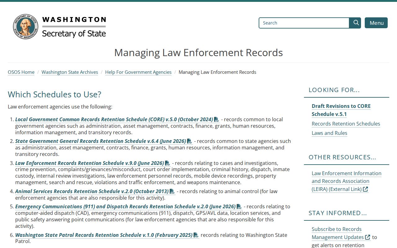 Washington State Archives law-enforcement record retention schedule and appraisal guidance