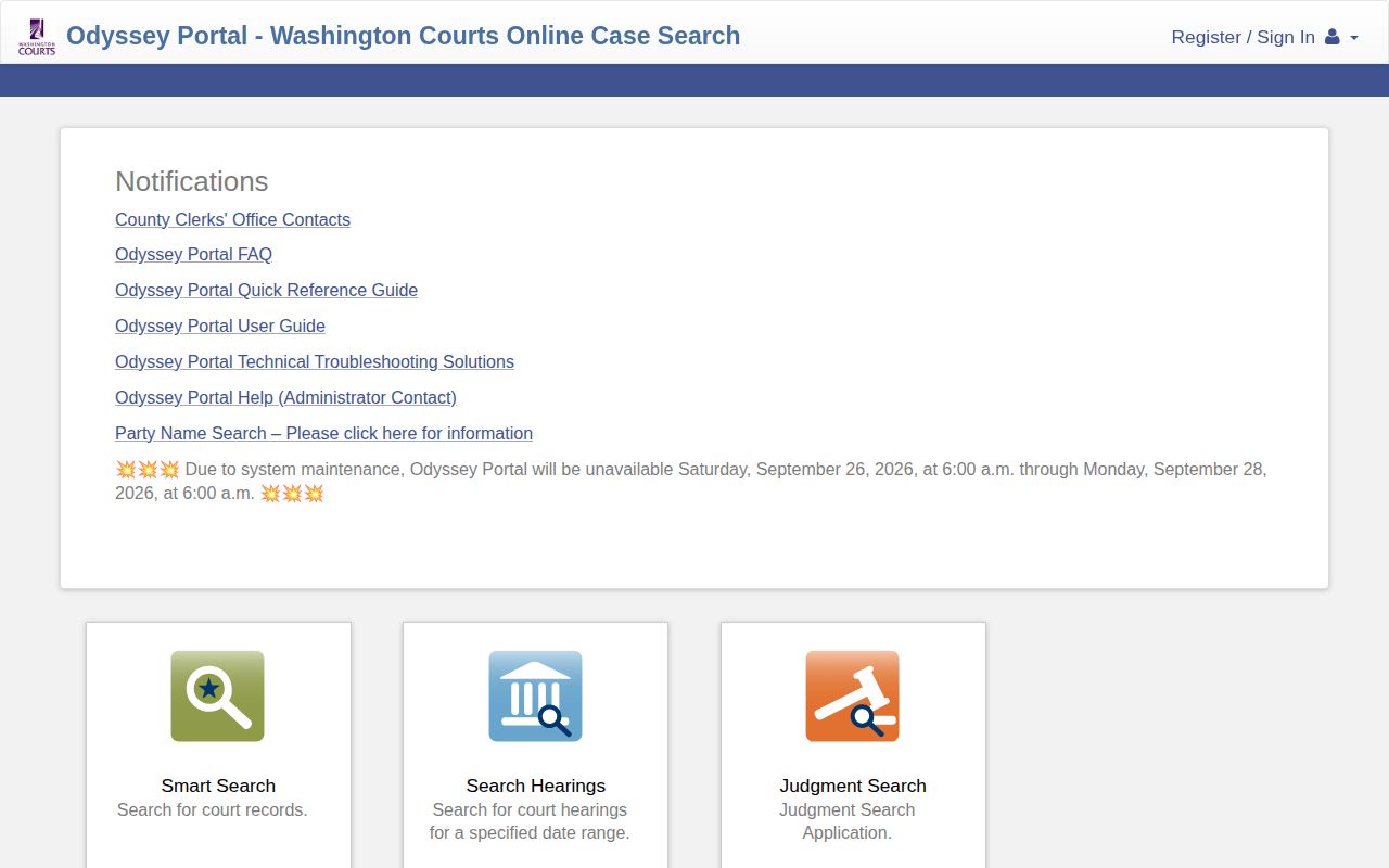 Washington Odyssey Portal landing page for searching participating court records