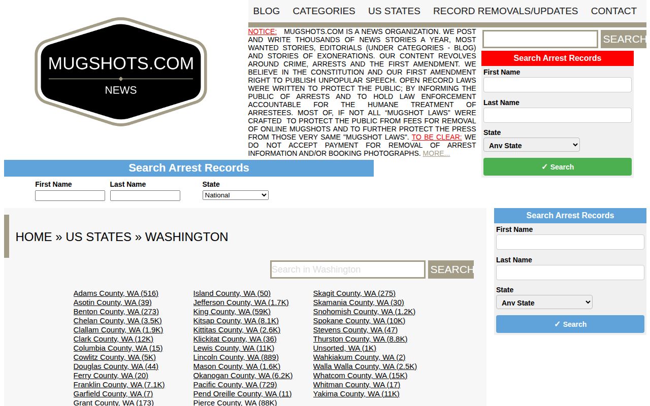 Mugshots.com Washington secondary state index and search interface