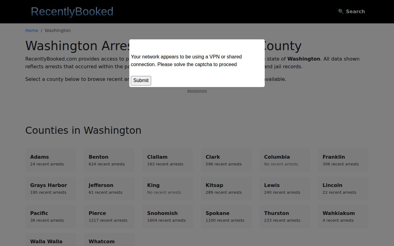 RecentlyBooked Washington state index showing selected county coverage and a verification prompt